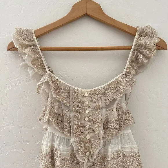 Free People Lace Tiered Top Romantic Boho Feminine Sheer Cream Ivory Sz 4 - Picture 2 of 11